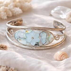 Artisan Abalone & Blue Flower Cuff Bracelet